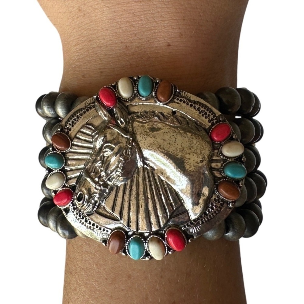 Western Horse Stretch Bracelet Silver Faux Navajo Pearl Beaded Turquoise Red